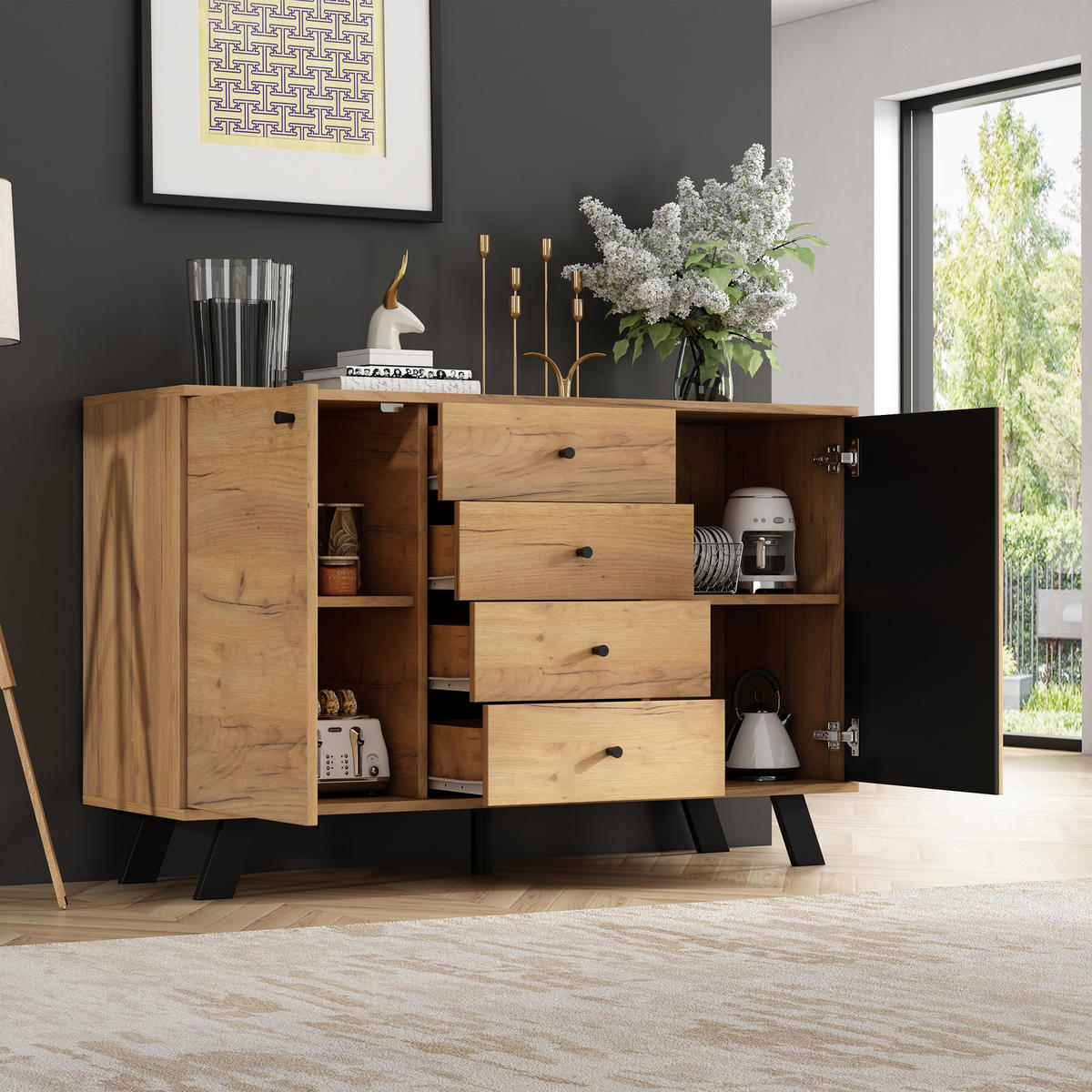 SIDEBOARD Holz 4 Schubladen 2 Türen 120x38x75cm Massivholz - Multicolor, Holzwerkstoff (38/75/120cm) - FLIEKS