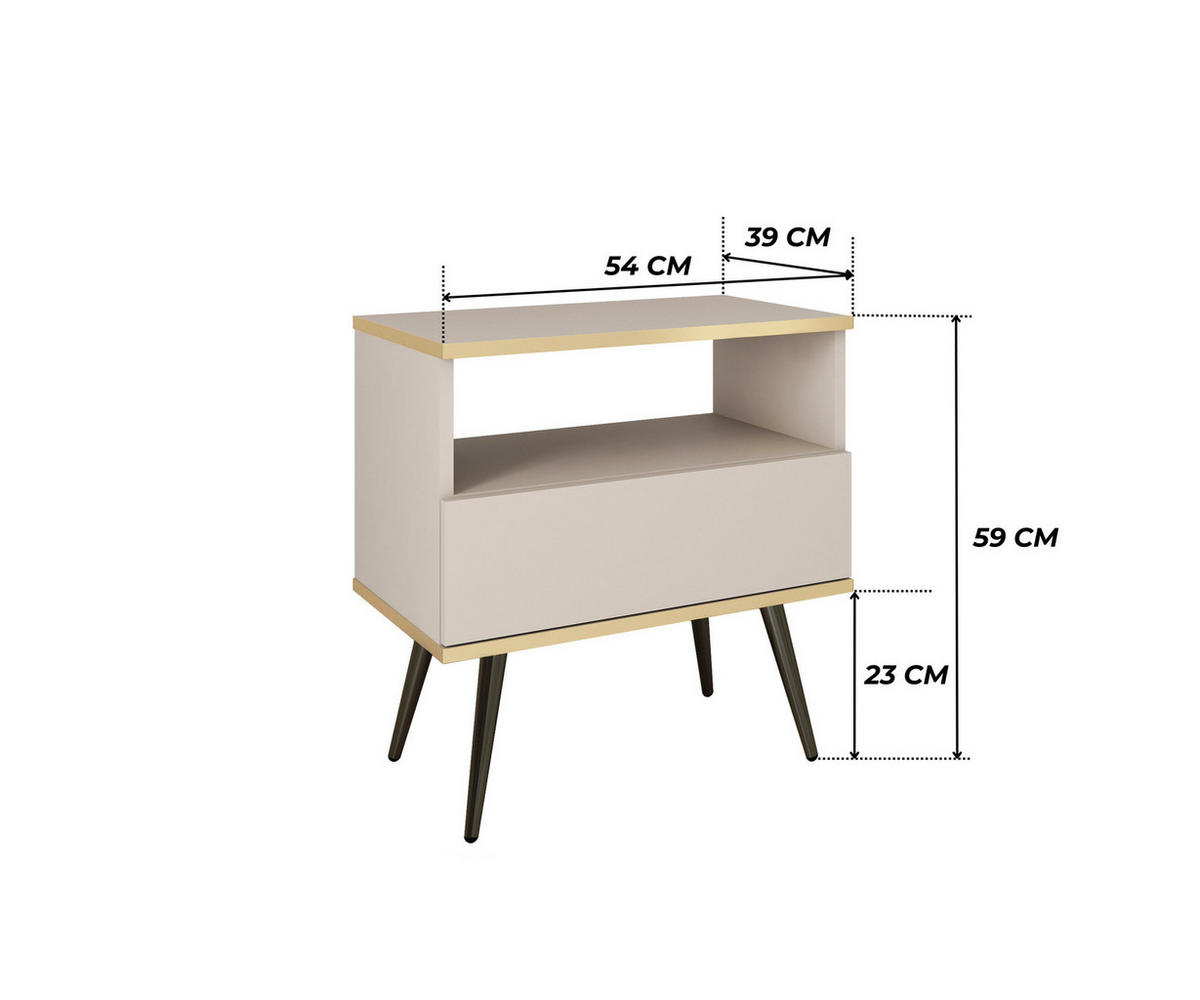 NACHTTISCH FORNO (Beige, Goldene Details, 1 Schublade, offenes Fach, schwarze Metallfüße) - Beige/Schwarz, Holz/Holzwerkstoff (54/59/39cm) - Ravio