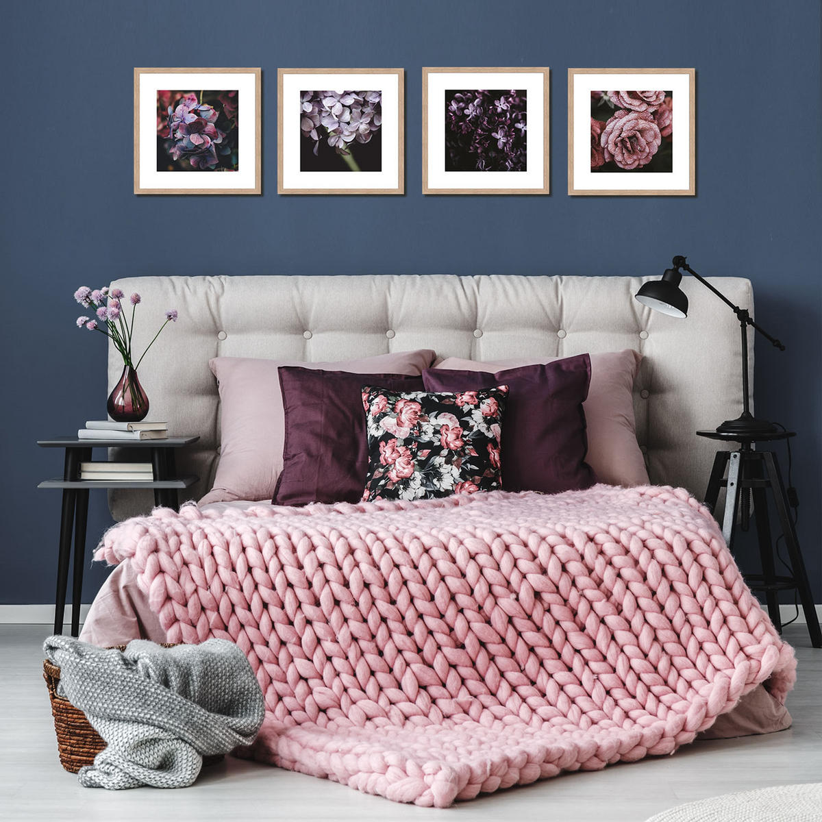 BILDER-SET mit Rahmen 4 x 30x30 cm Blumen rosa lila - Multicolor, Holz (30/30cm) - artissimo