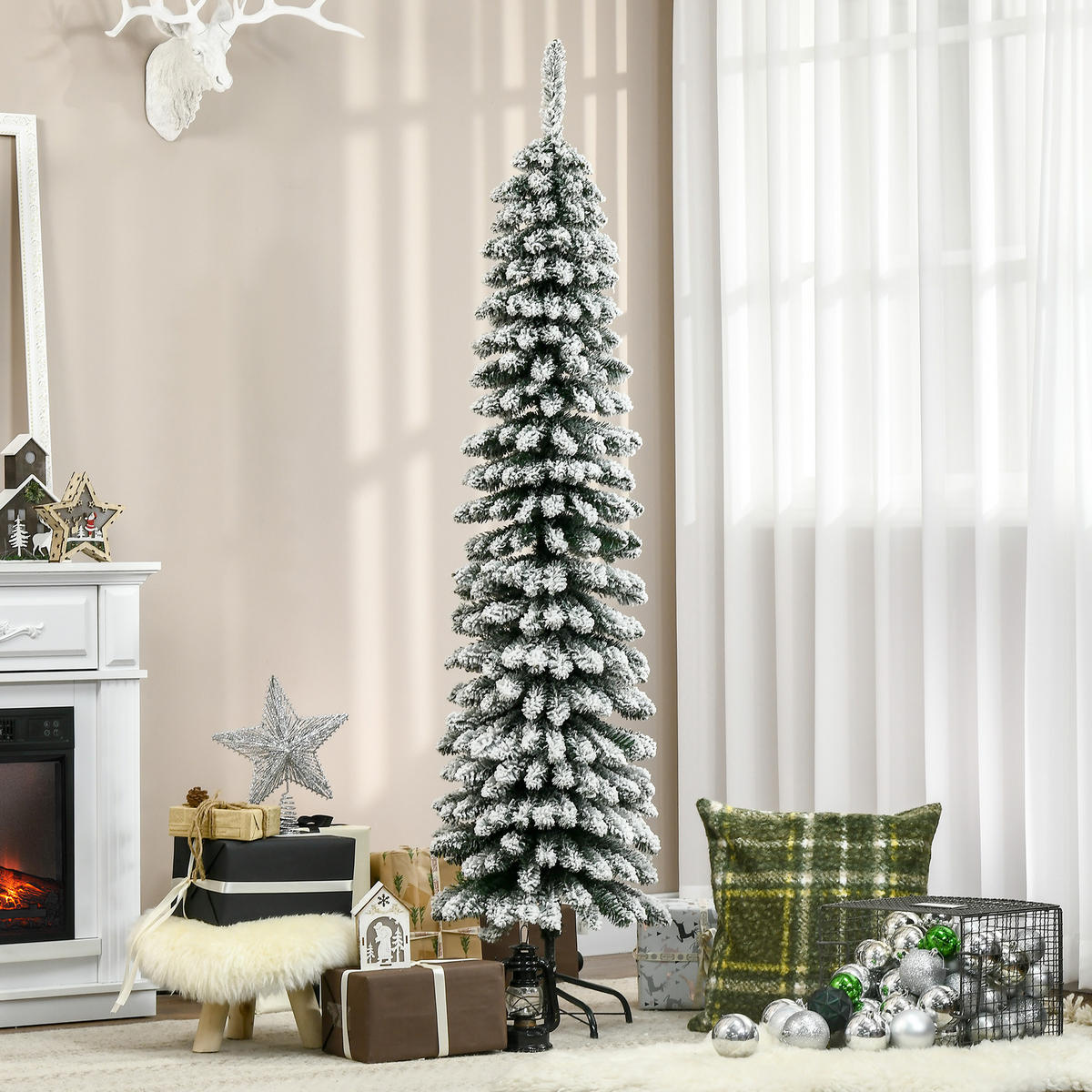 WEIHNACHTSBAUM DE-41543 Schneeeffekt, schmal, 180 cm Grün/Weiß - Weiß/Grün, Kunststoff (180cm) - ComfortXL