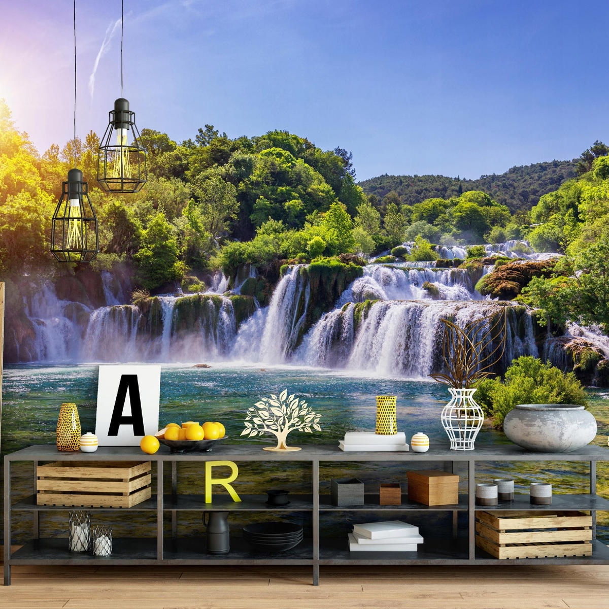 FOTOTAPETE Wasserfall 3D Natur 350x250 - Multicolor, Papier (350/250cm) - Wallarena
