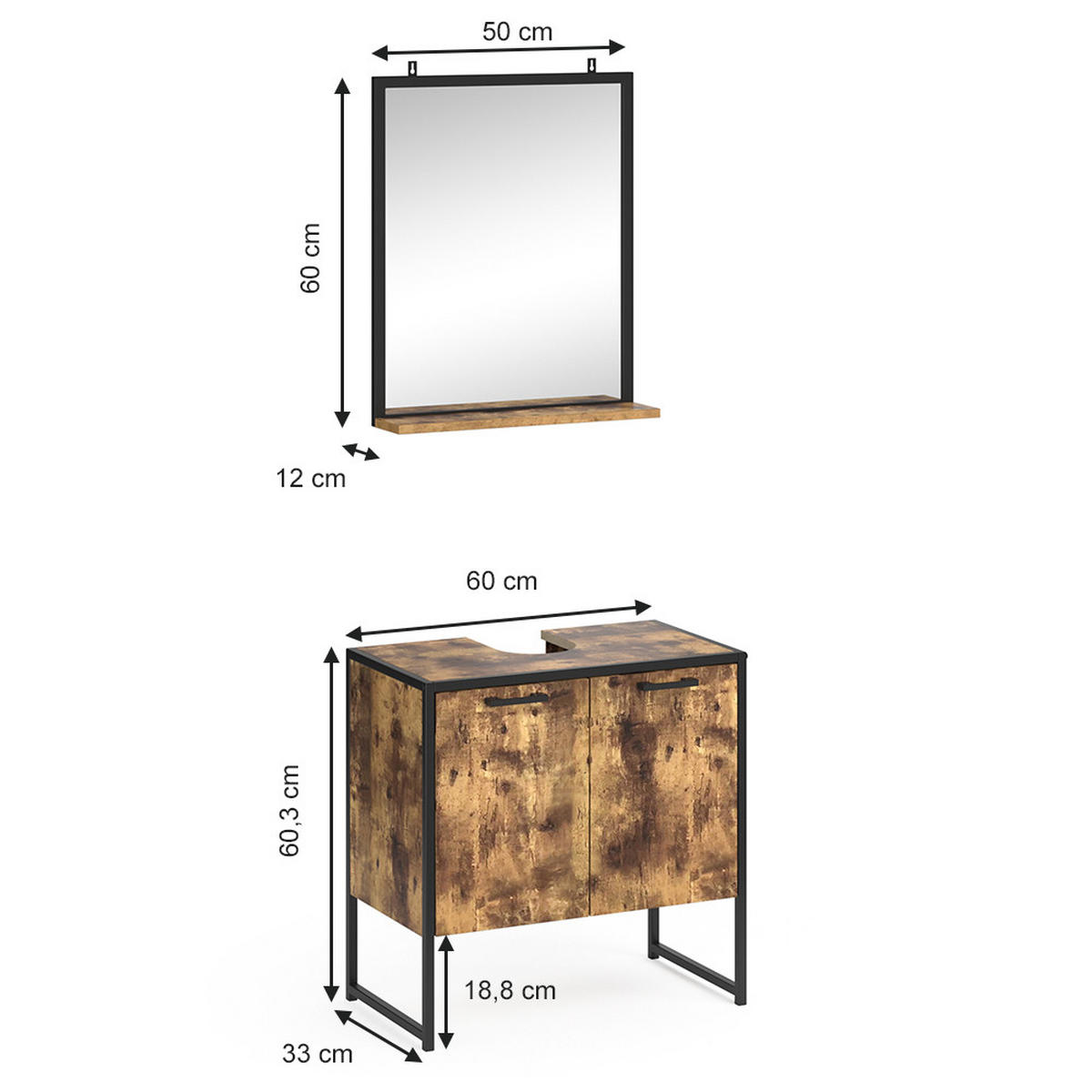 BADMÖBEL-SET Fyrk Antikholz 2 Teile - Alteiche/Schwarz, Holzwerkstoff (60/60/33cm) - Vicco