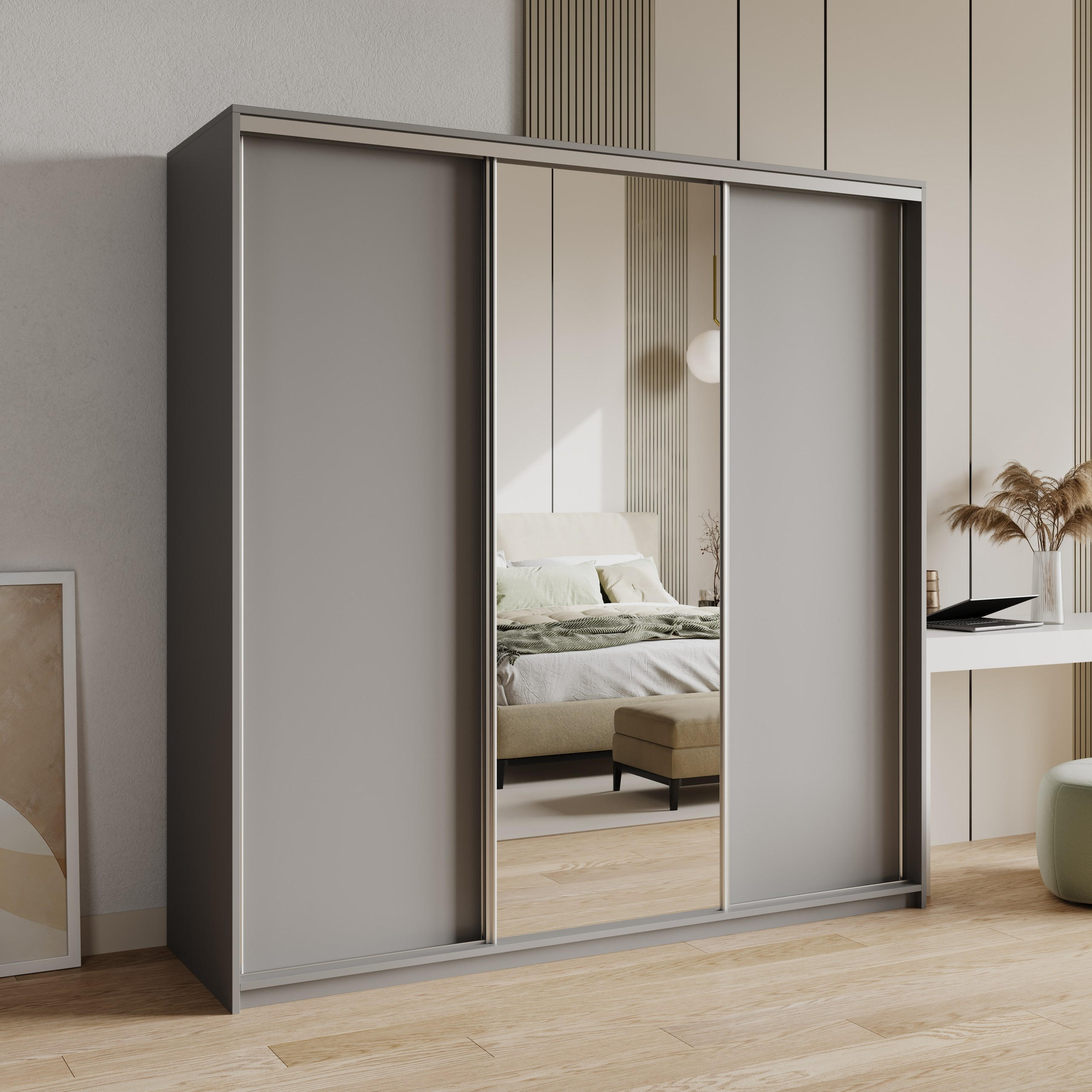SCHWEBETÜRENSCHRANK TAVI 200/205/60 cm 3-türig mit Spiegel Graphitfarben - Graphitfarben, Holzwerkstoff (200/205/60cm) - MASSENO
