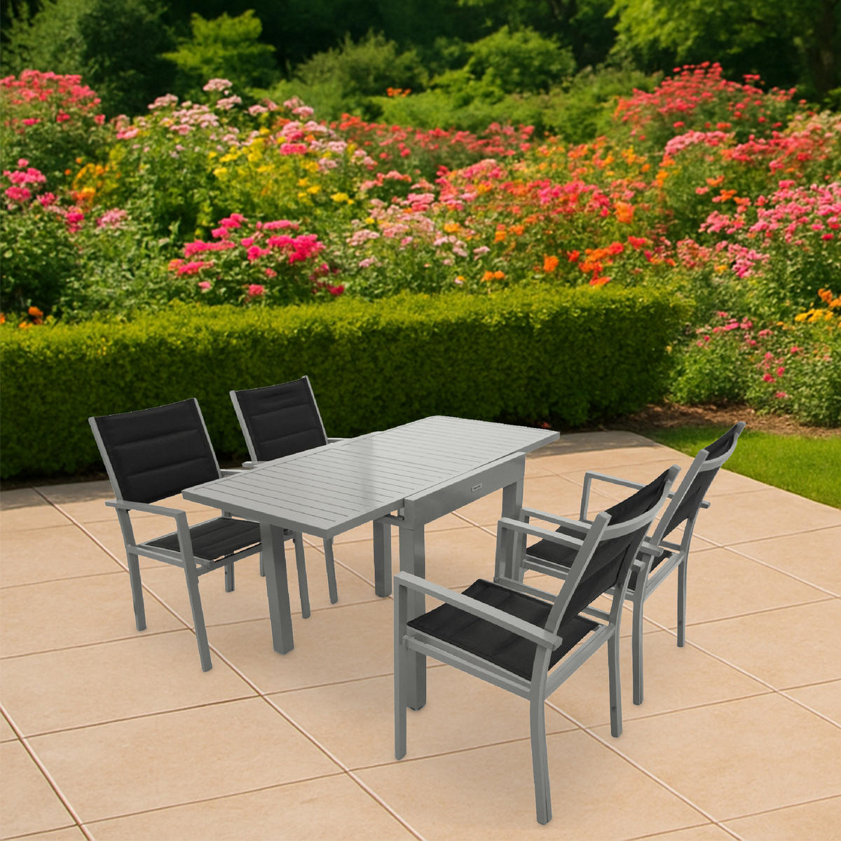 GARTEN-GARNITUR Ashford - 5-teilige Garten-Essgruppe (4x Sessel Aluminium silbergrau + Textilgewebe gepolstert schwarz - Schwarz, Metall - TPFGarden