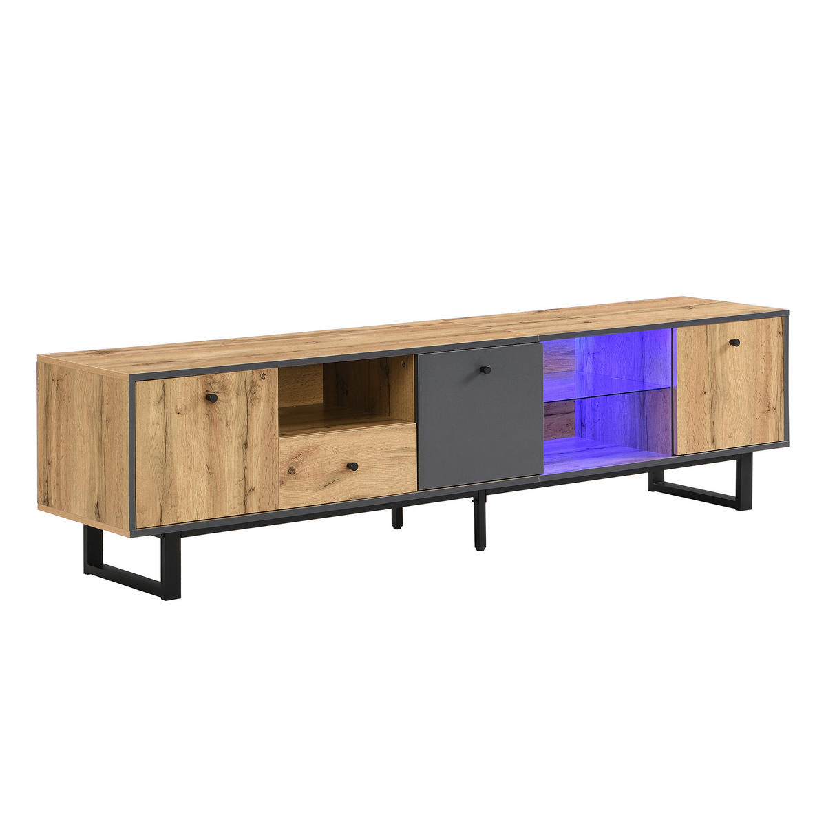 LOWBOARD in Naturfarben TV-Schrank mit LED-Lichteffekt für Wohnzimmer, B190/T40/H50 cm - Schwarz/Naturfarben, Glas/Holzwerkstoff (190/50/40cm) - STILVORA