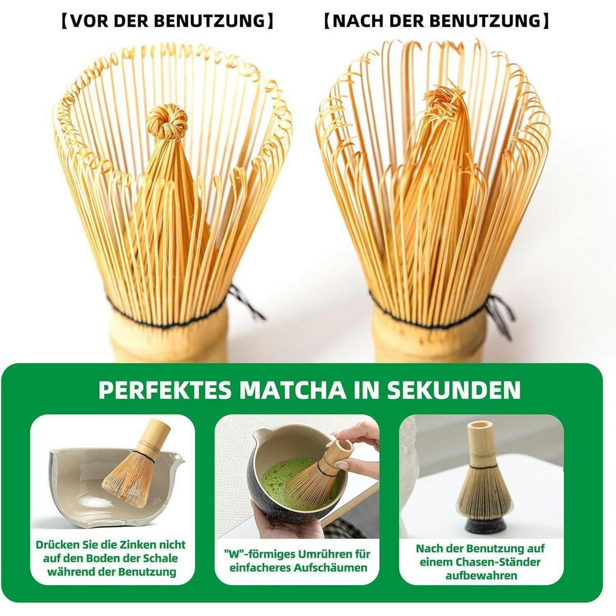 MATCHA Schneebesen Set 6-teilig Bambus mit Halter - Multicolor, Naturmaterialien (6.9/6.9/19.1cm)