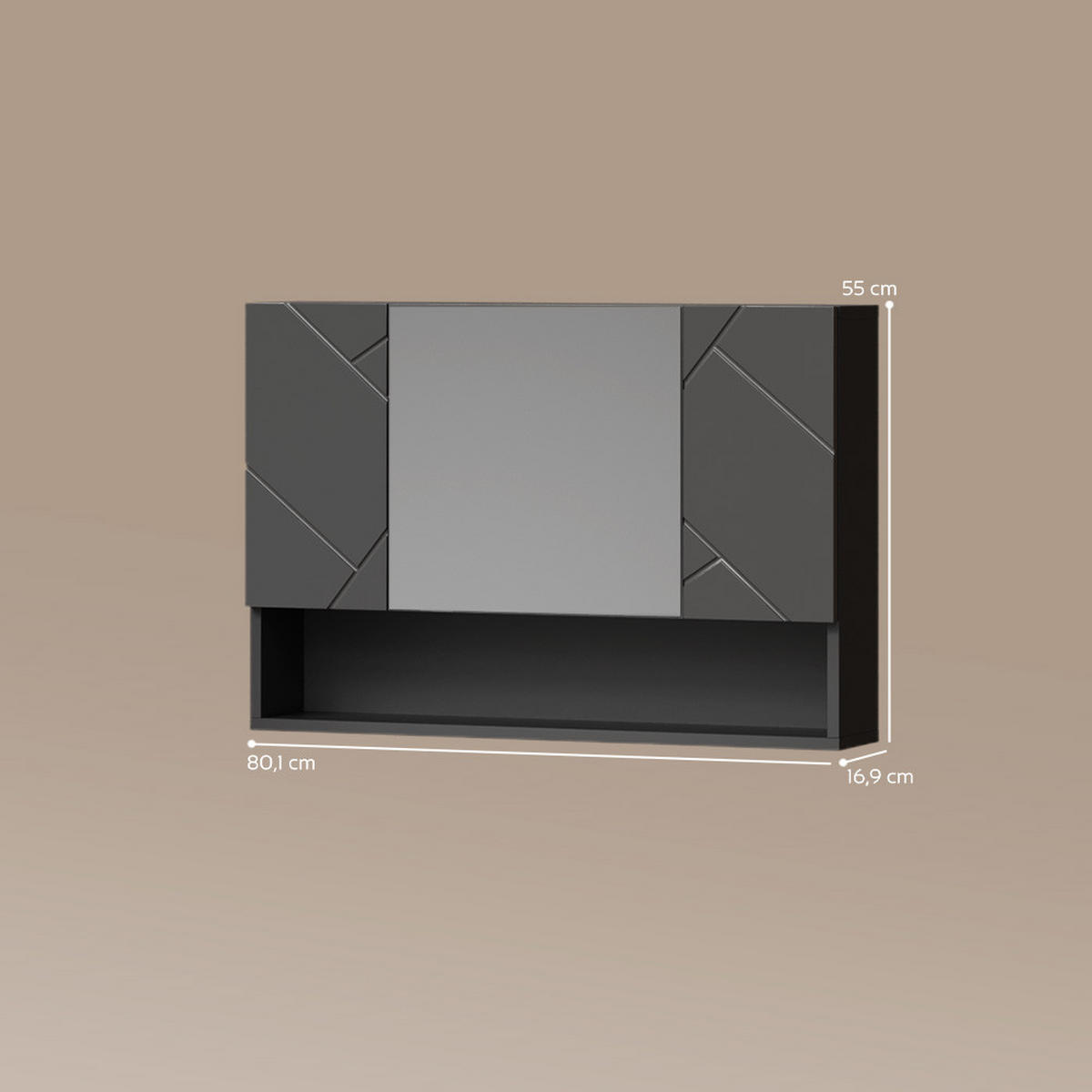 BADSPIEGELSCHRANK Ronco Anthrazit Hochglanz 80.1 x 55 cm - Schwarz Hochglanz, Holzwerkstoff (80.1/55/17cm) - Livinity®