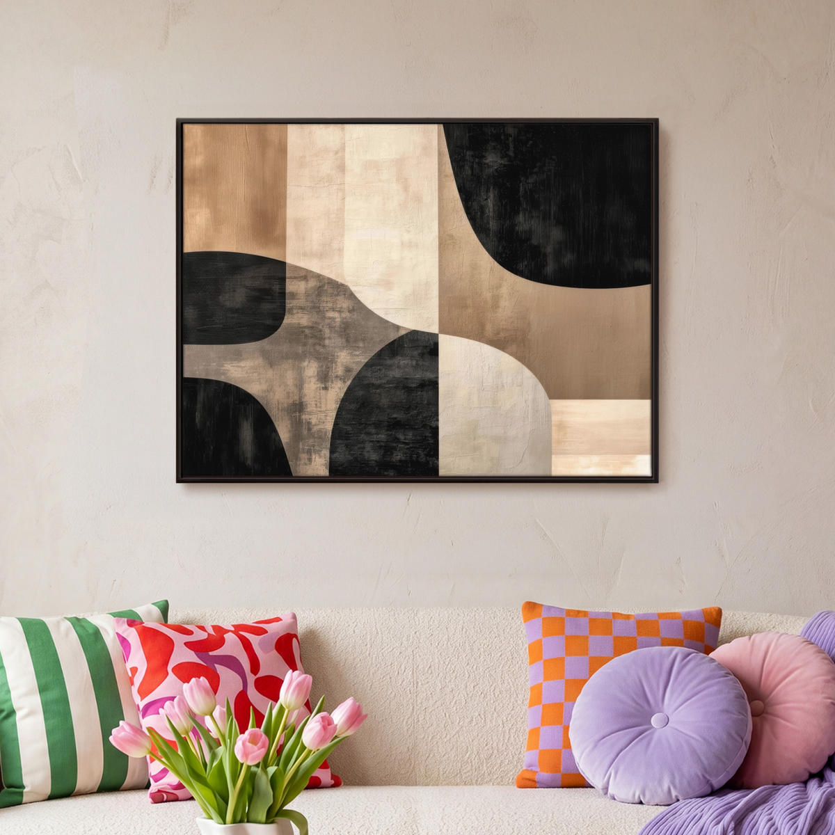 LEINWAND Bilder mit Rahmen - Abstrakt - Flugzeuge - Schwarz - Rund - 70x50 - Beige, Textil (70/50cm) - MuchoWow