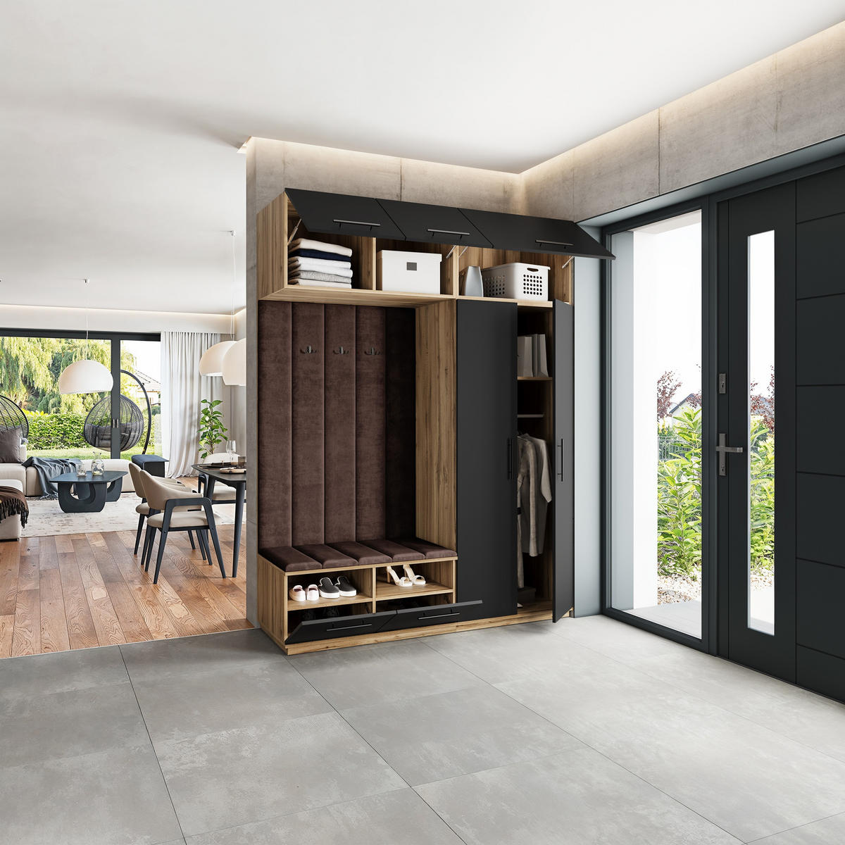 GARDEROBENSCHRANK REMA 180/240/60 cm Modern Garderobe-Set Eiche Wotan - Eiche Wotan/Schwarz, Holzwerkstoff (180/240/60cm) - MASSENO