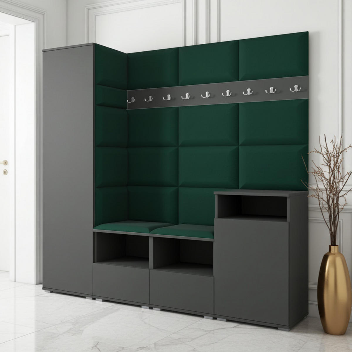 GARDEROBE NELA X 200 cm (Modulare Flurmöbel Graphit mit Sitzpolster Flaschengrün 28 Schrank + Sideboard) - Dunkelgrün/Silberfarben, Holz/Holzwerkstoff (200/187/40cm) - Ravio