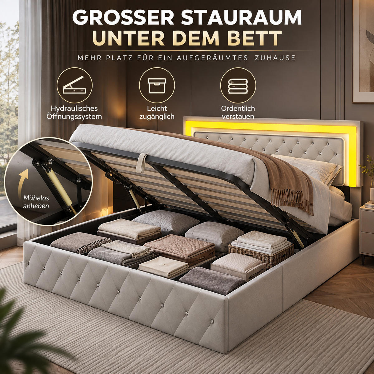 POLSTERBETT 160/200 cm mit LED-Beleuchtung & Bettkasten, Chesterfield-Knopfteppich Samtbezug, Stauraumbett mit Hydraulik - Beige, Holz/Metall (160/200cm) - Joyfair