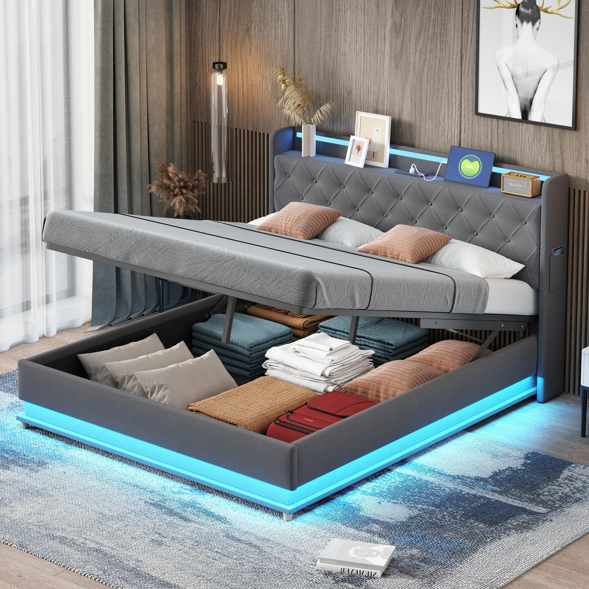 POLSTERBETT 160x200 Grau Leinen LED Stauraum - Grau, Textil (160/200cm) - FLIEKS