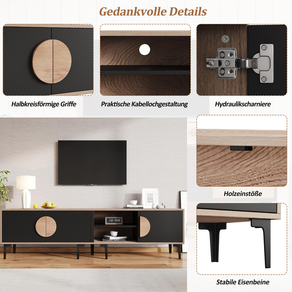 TV stolek 180/35/49 cm s otevřenými policemi a 3 skříňkami, stabilní konstrukce, Dub/černá - černá, kompozitní dřevo (180/49/35cm) - Redom