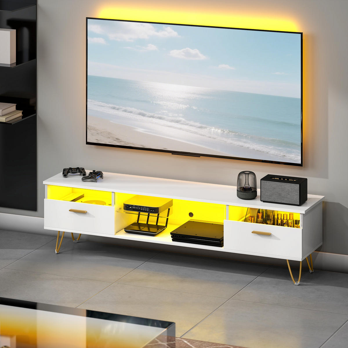 LOWBOARD Weiß 160/35/42 cm, LED-Beleuchtung, Soft-Close, Metallfüße - Weiß, Holzwerkstoff (160/42/35cm) - PANGIVO