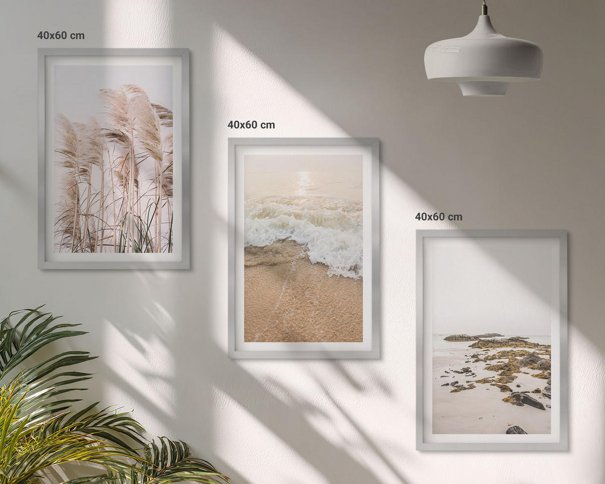 BILDER SET 3er Set - 40x60 cm Silberner Rahmen - Strandgras, Wellen, Steine, Boho-Stil - Silberfarben, Kunststoff (40/60cm) - TULUP