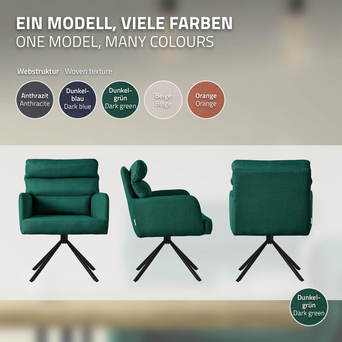 ESSZIMMERSTUHL 4er Set drehbar Dunkelgrün Stoffbezug - Dunkelgrün/Schwarz, Textil/Metall (64.5/93/64cm) - ML-DESIGN