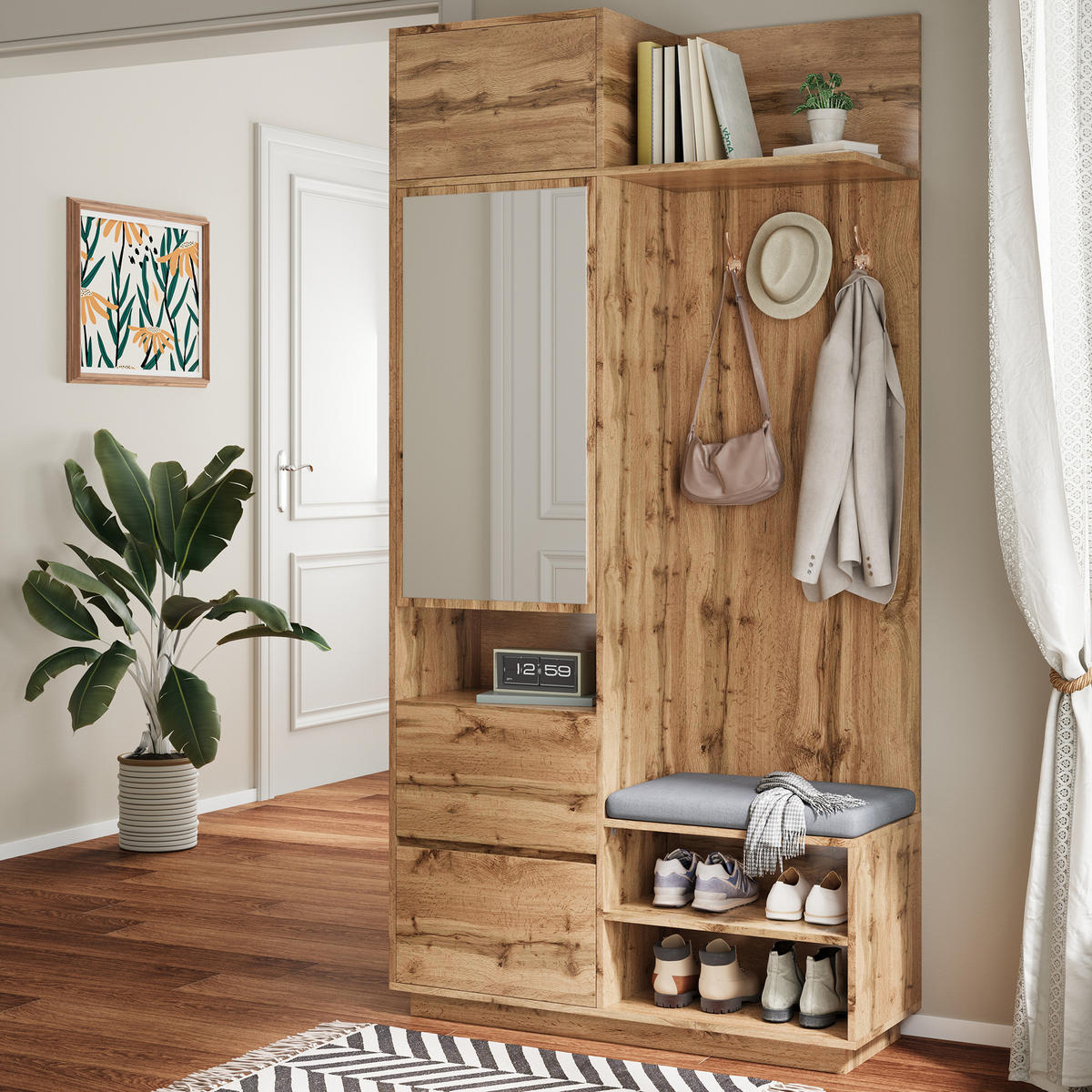 GARDEROBE Spiegel Sitzbank Schuhschrank - Naturfarben, Holz (90/190/34.5cm) - Fortuna Lai