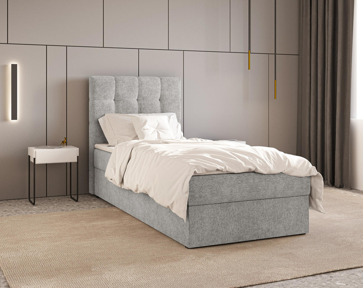 BOXBETT - Bett 05 OSLO - Aragon - 90x200 cm - mit Bettkasten und Komfort-Topper - Hellgrau, Holz (90/200cm) - ROYAL24_MARKT