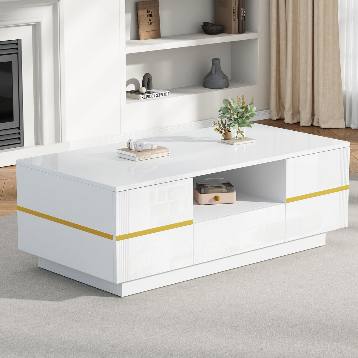 COUCHTISCH mit LED Weiß/Gold 100/50/35,5 cm 2 Türen - Weiß, Holzwerkstoff (100/50/35.5cm)