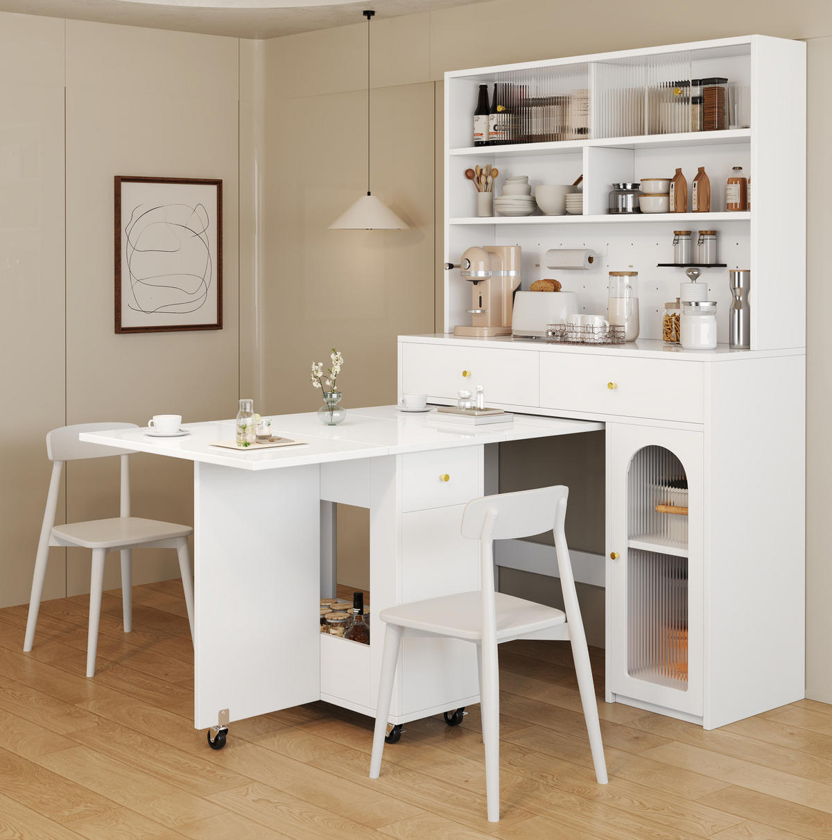 BUFFETSCHRANK-SET 120/45/180 cm mit klappbarem Esstisch, Stauraum und Glastüren, Weiß - Weiß, Holzwerkstoff (120/180/45cm) - Redom
