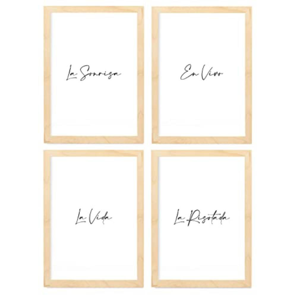 POSTER Set mit 4 Lachen TypografieStil A3 Rahmen aus hellem Holz - Beige, Papier (29.7/3cm) - Nacnic