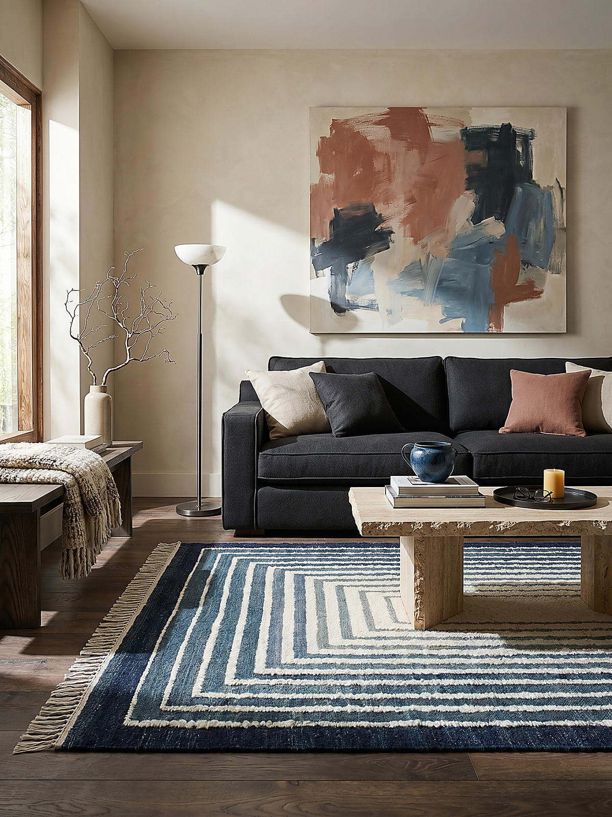 WOLLTEPPICH handgewebt FROND, geometrisch, Blau, 160 x 230 cm - Blau, Textil (160/230cm) - KADIMA DESIGN
