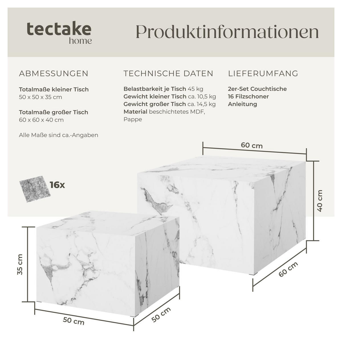 COUCHTISCH 2er Set Lacey, inkl. Filzschoner, Belastbarkeit 45 kg, Marmor Optik weiß - Weiß, Holz (60/60/40cm) - tectake