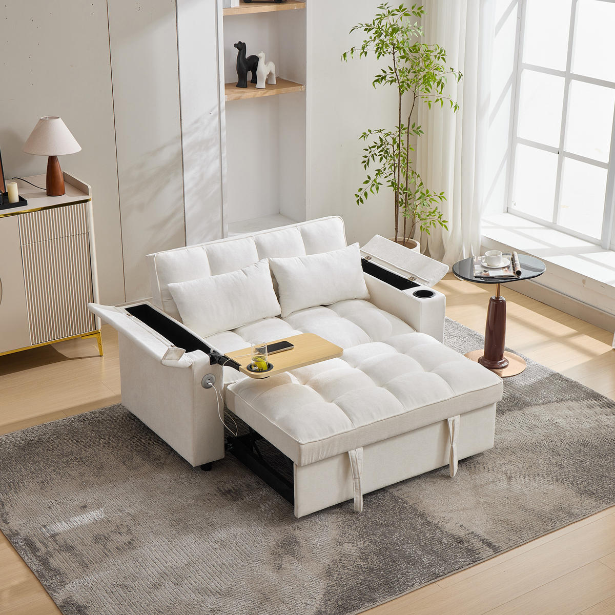SCHLAFSOFA 140.5/74/82 cm Beige mit USB-Anschluss, verstecktem Tisch und Getränkehalter - Beige, Textil (140.5/82/74cm) - Oxeza