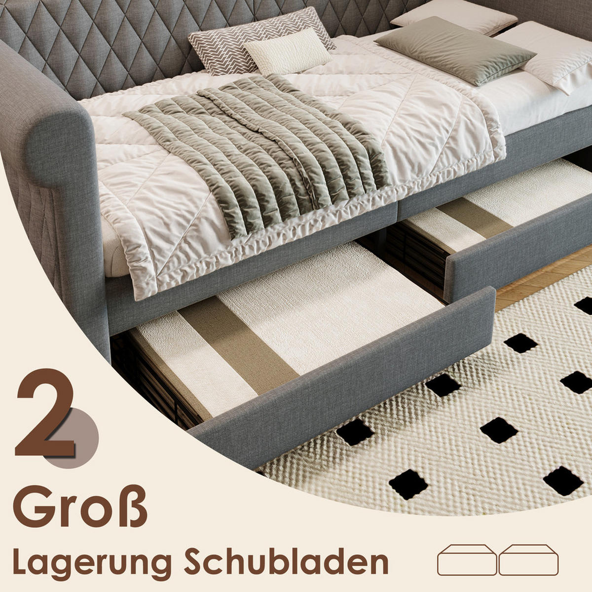 TAGESBETT 90x200cm Vintage Schlafsofa 2 Schubladen Grau Leinen - Grau, Holz (90/200cm) - FLIEKS