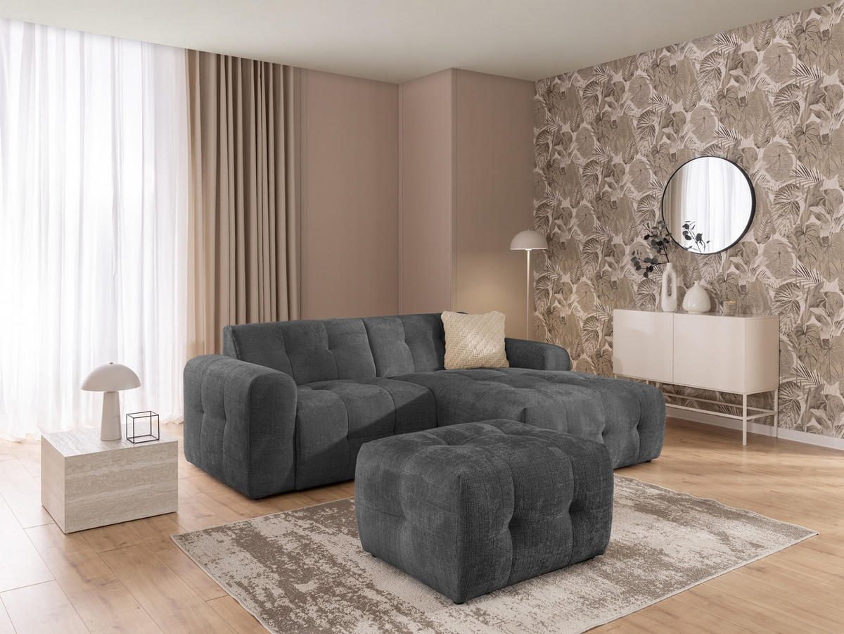 ECKSOFA inkl. Hocker Kozy im Bumpy-Design mit Schlaffunktion und fester Rückenlehne aus weichem Grau Chenille-Stoff - Ottomane rechts - Schwarz/Grau, Holz/Kunststoff (234/161cm) - S-Style Möbel