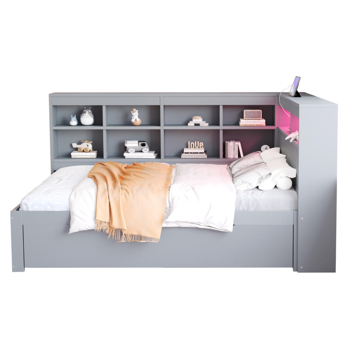 RAHMENBETT mit LED-Beleuchtung 140/200 cm aus Massivholz mit Stauraum - Grau, Holz - BEAOK