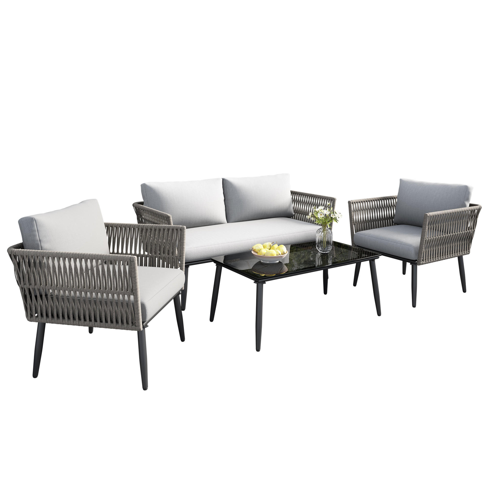 GARTENLOUNGE-SET 99/54/42 cm grau aus Polyester mit Glastisch und PE-Seilgeflecht - Grau, Textil - OKWISH