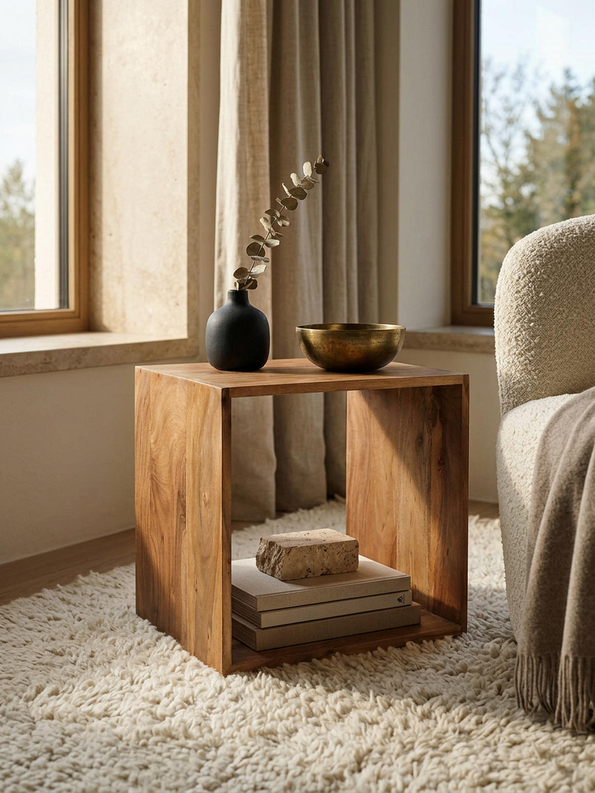 BEISTELLTISCH Massivholz Regalform Cube NAKO, Beige 43x33x43 cm - Beige, Holz (33/43/43cm) - KADIMA DESIGN
