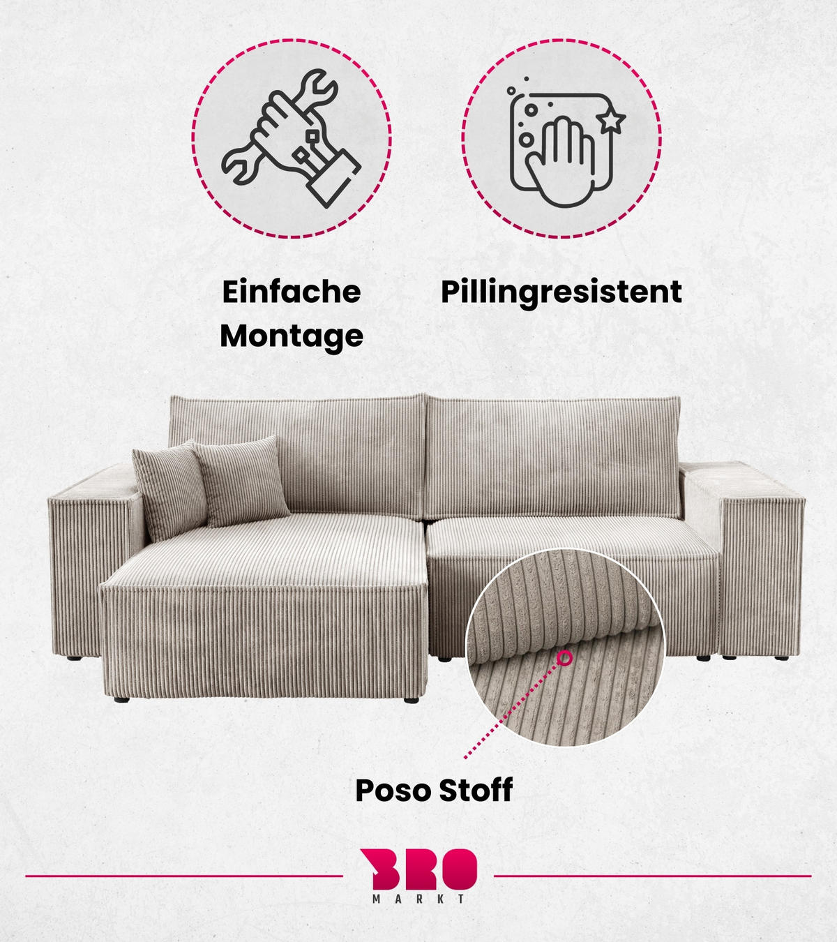 ECKSOFA Pedro mit Schlaffunktion Weiß Cord - Weiß, Textil (255/153cm) - Bromarkt