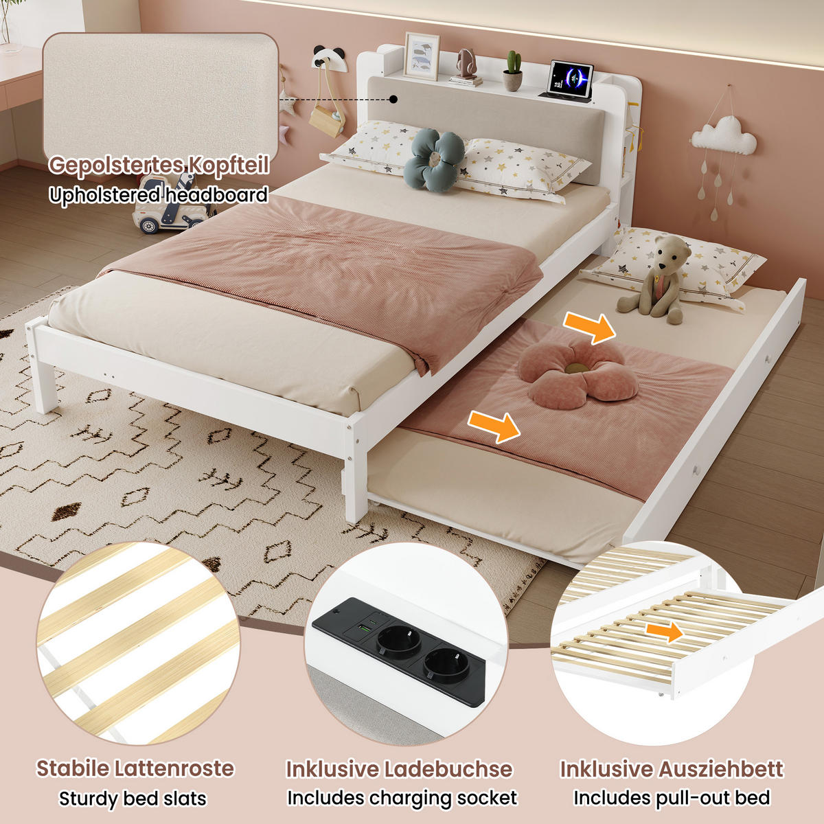 BETT 120/200 cm in Weiß mit Ausziehbett, gepolstertem Kopfteil, Kopfteilregal und Ladestation - Beige/Weiß, Holzwerkstoff (120/200cm) - STILVORA
