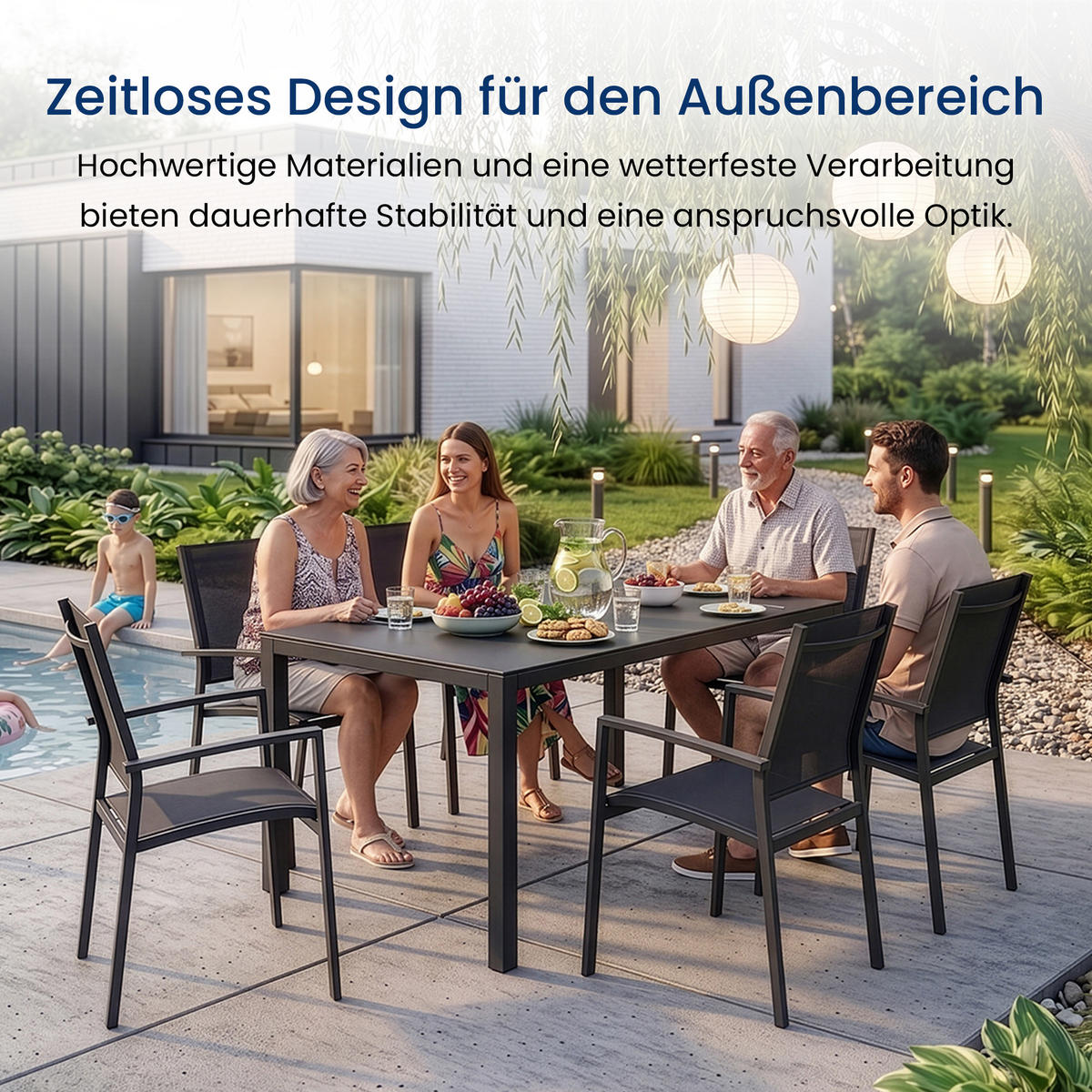 GARTENMÖBEL-SET mit 1 Esstisch und 6 Esszimmerstühlen. Anthrazit und Grau - Anthrazit, Metall - Home Collective