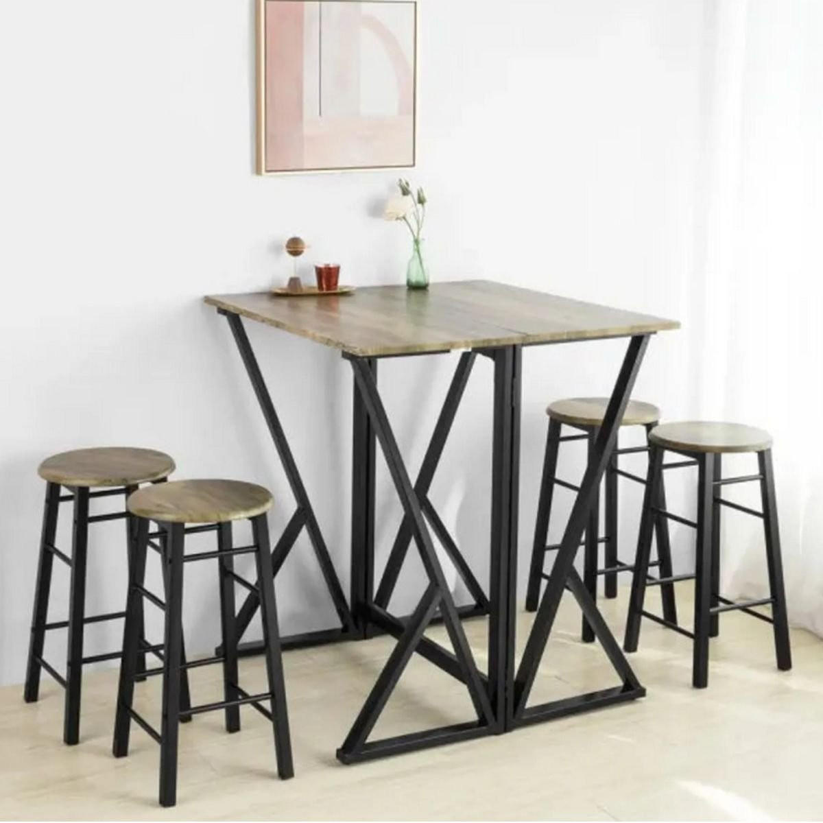 HOCHKLAPPBARER hoher Tisch + 4 Hocker - DOCK - 80/80/89 cm - Apfelbaumfarben, Holzwerkstoff (80/89/80cm) - Calicosy