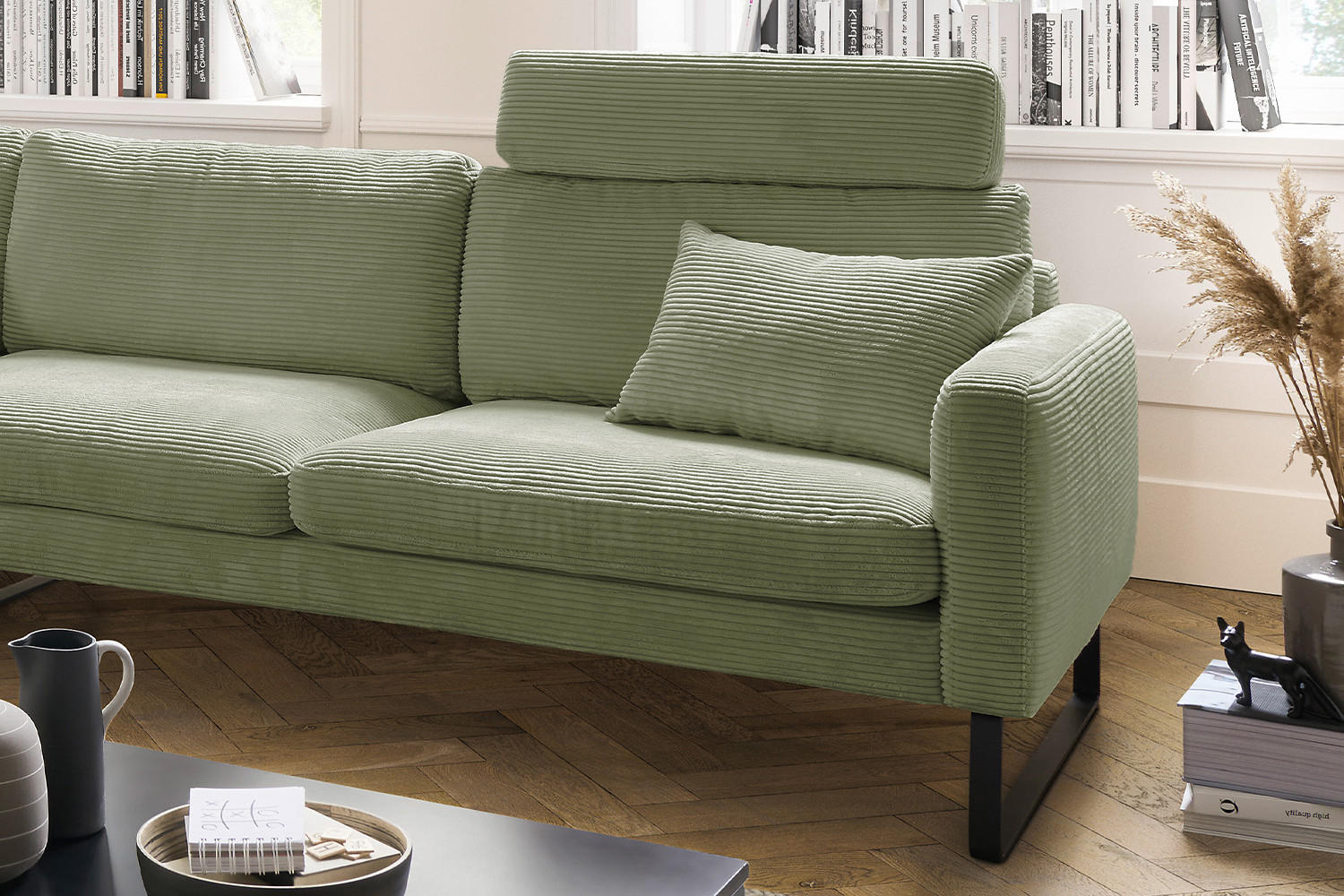 ECKSOFA RICARDA Dunkelgrün Cord - Dunkelgrün/Schwarz, Textil/Metall (298/154cm) - KAWOLA