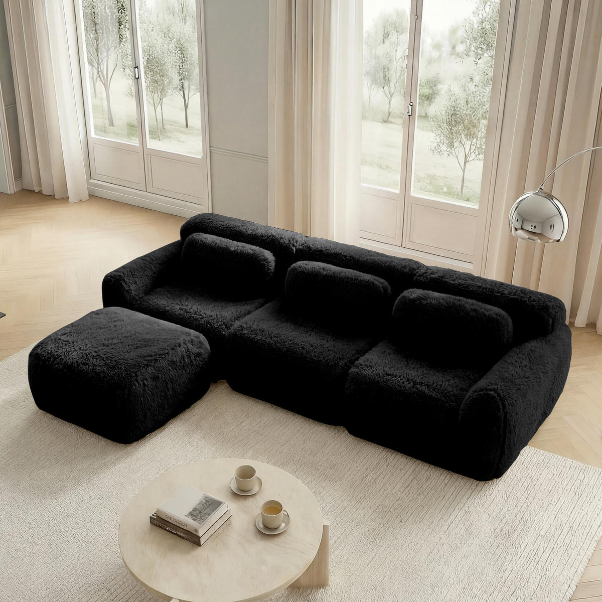 3-SITZER Sofa 291x179x73 cm aus Plüschstoff rahmenlos modular mit Ottoman, schwarz - Schwarz, Textil (179/73/291cm)