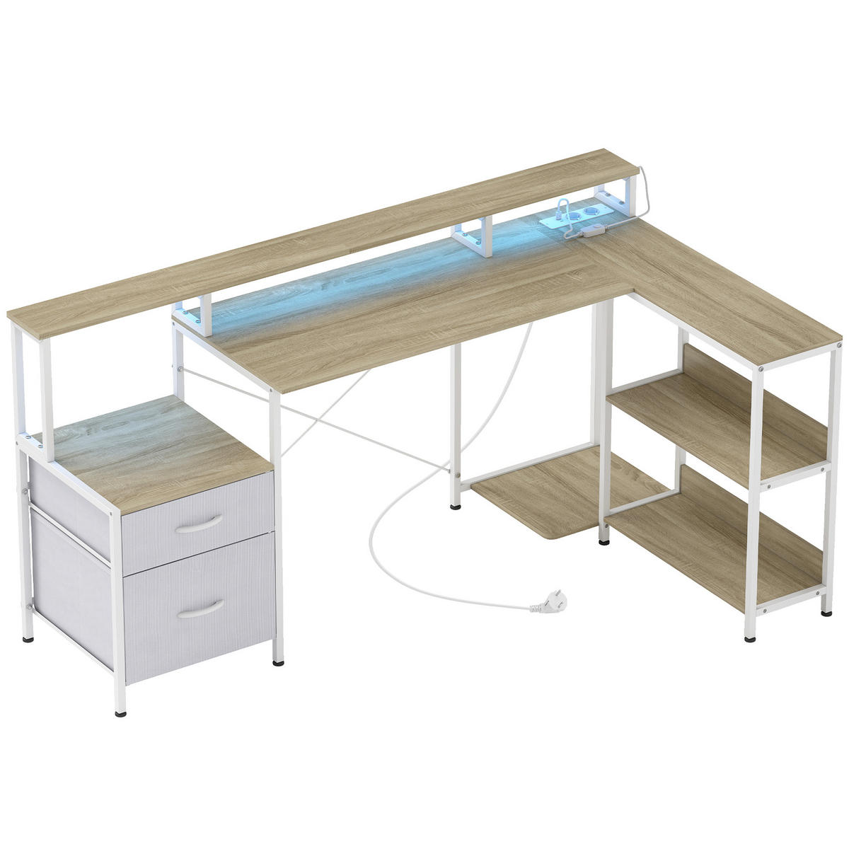 ECKSCHREIBTISCH Weiß mit LED-Beleuchtung Steckdosen und Schubladen 172/100/89 cm - Weiß, Metall (100/172/89cm) - PANGIVO