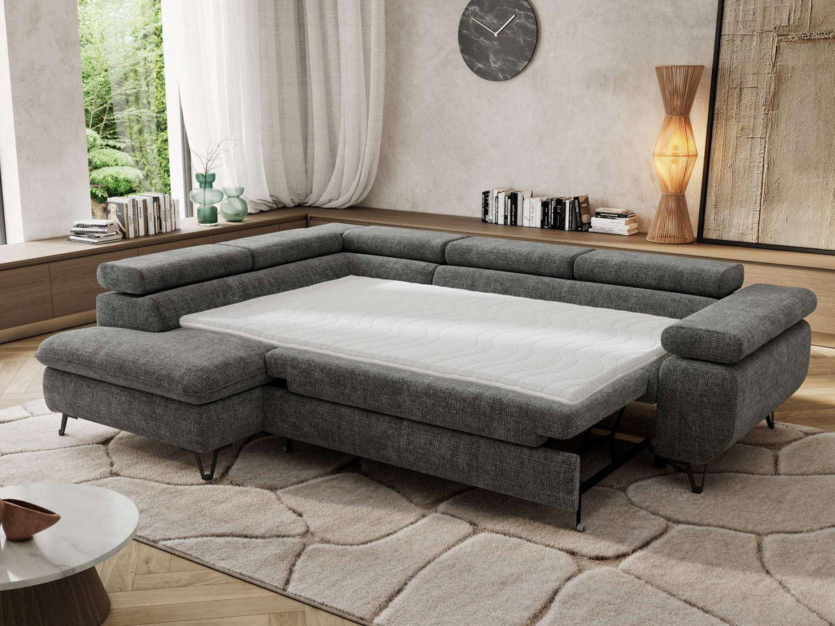 ECKSOFA PABLO L Grau Schenille grob gewebt - Links Seite mit Visco Topper - Schwarz/Grau, Textil/Metall (208/273cm) - MKS