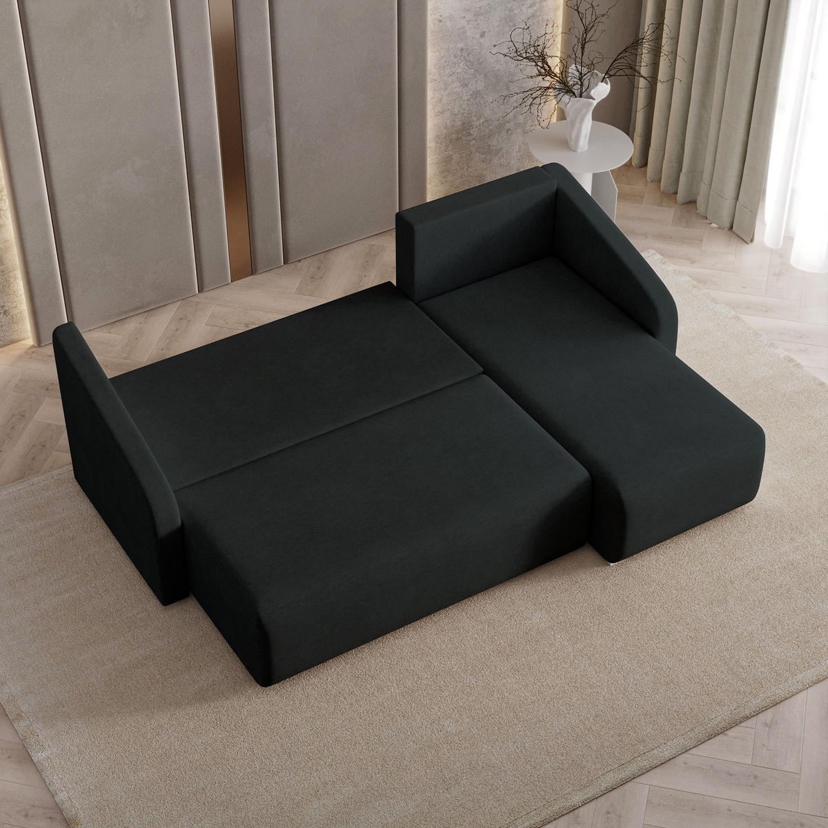 ECKSOFA MARELLO Schwarz Geflochtener Stoff mit Schlaffunktion - Schwarz, Holz (220/143cm) - MASSENO
