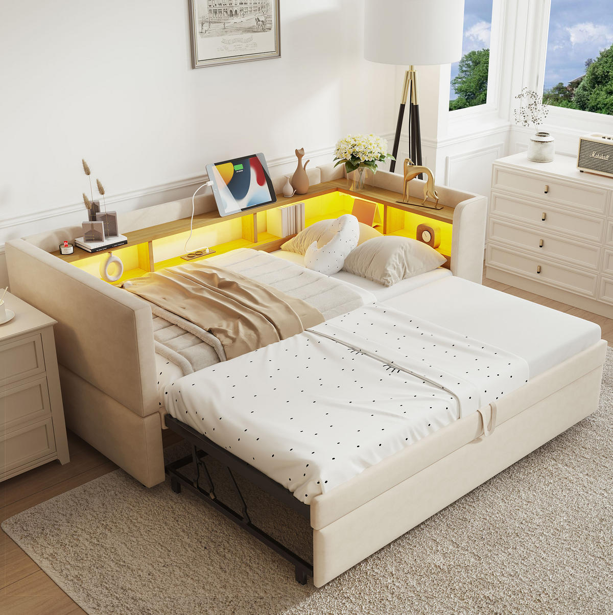 POLSTERBETT 90/180 cm Beige aus Flanell mit LED und Steckdosen - Beige, Textil (90/190cm) - OKMYHOME