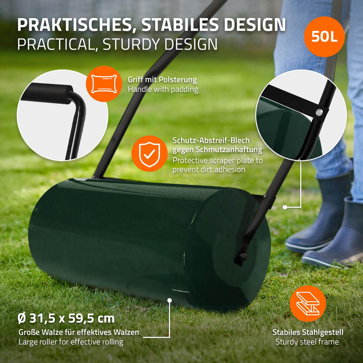 RASENWALZE befüllbar 50 Liter Grün aus Stahl - Grün, Metall (60/112/31.5cm) - ECD-Germany