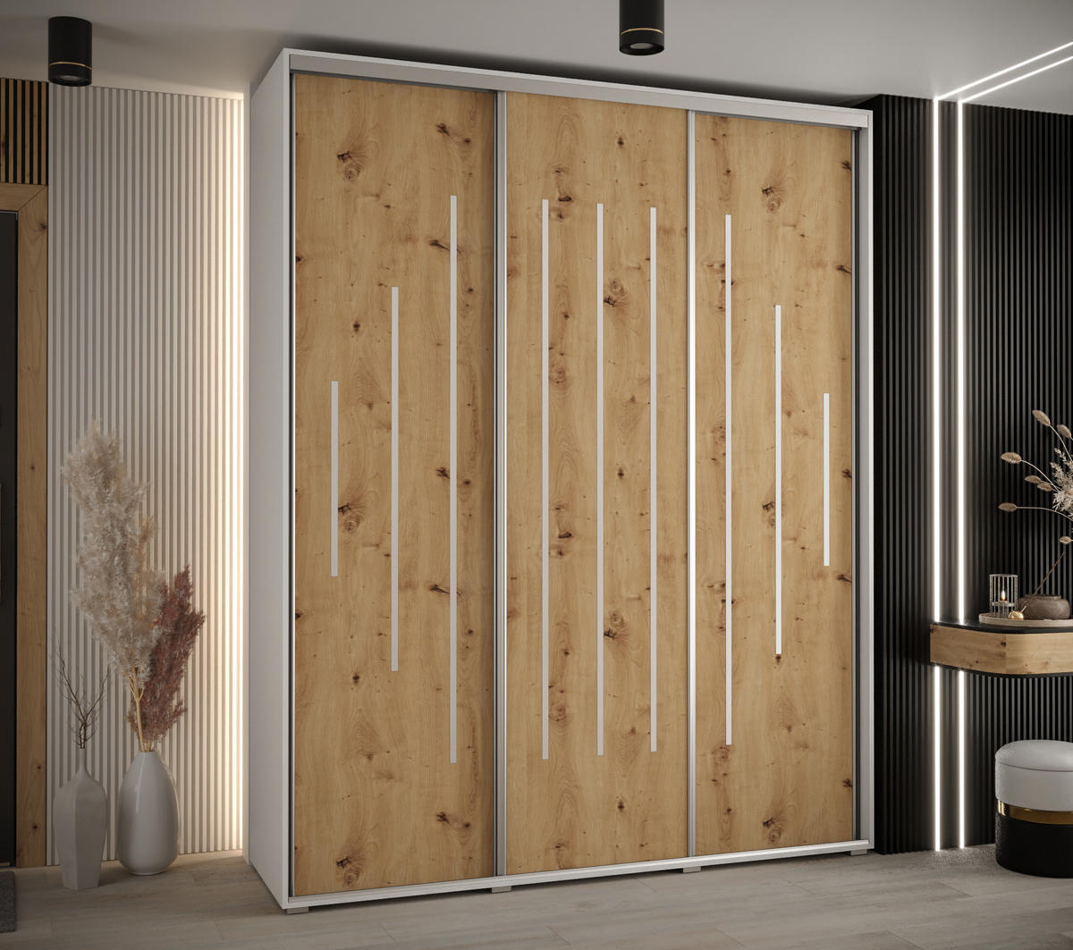 SCHWEBETÜRENSCHRANK 235,2/200/60 3-türig - Silberfarben/Eiche Artisan, Holz/Metall (200/235/60cm) - Abiks Möbel