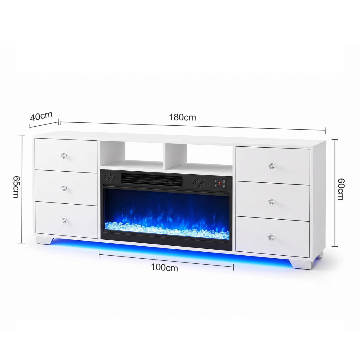 TV-SCHRANK mit Elektrokamin Beleuchtung RGB Lowboard 6 Schubladen 180/40/65CM - Weiß/Grau, Glas/Metall (180/65/40cm) - VANITII