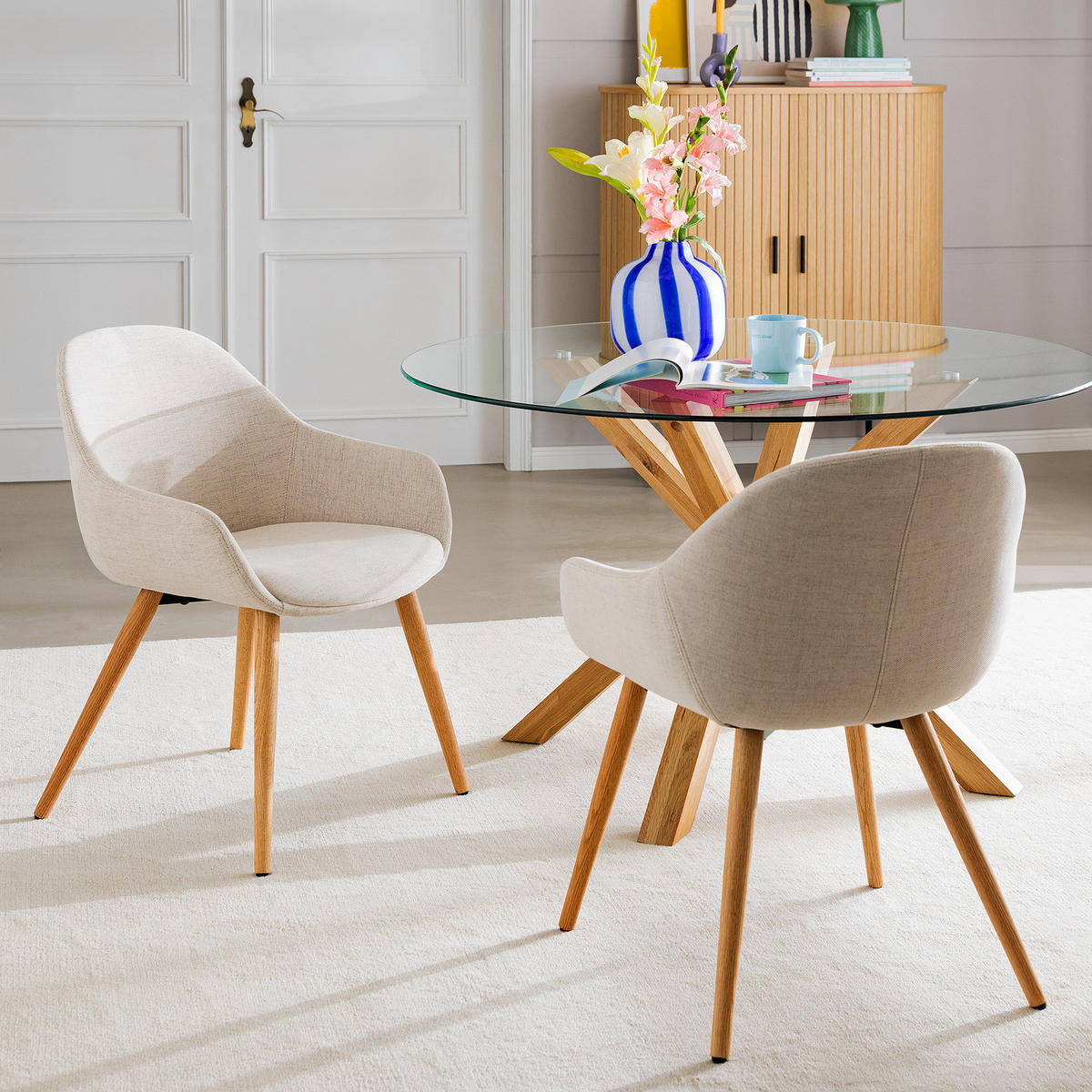 POLSTERSTUHL - Leinen / Eiche massiv, 2er-Set - Eichefarben/Creme, Holz (58/84/61cm) - home24