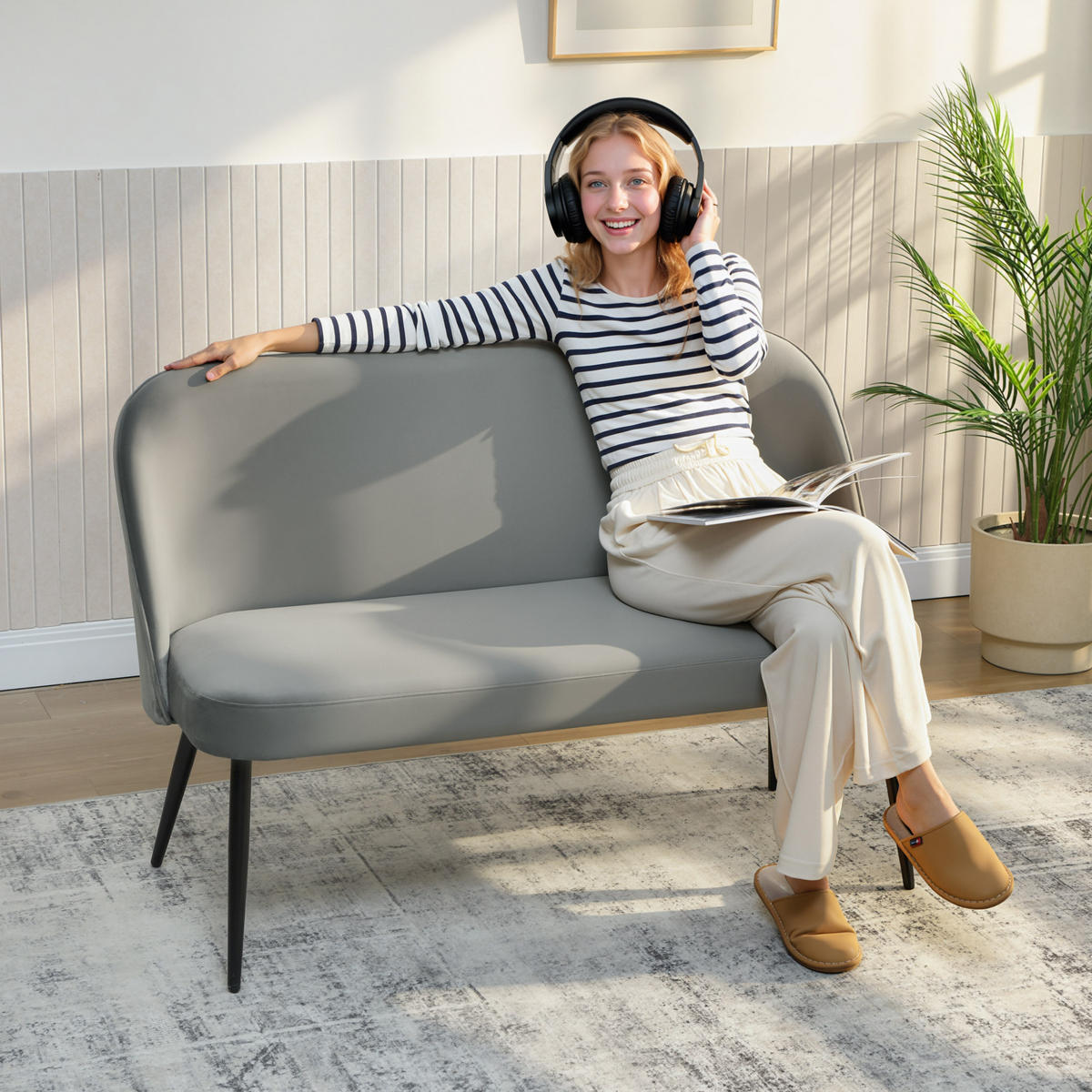 SOFA 2-Sitzer kleine Couch 127 cm mit Samtoptik, geschwungene Rückenlehne Grau - Schwarz/Grau, Textil/Metall (63/84.5/127cm) - HOMCOM