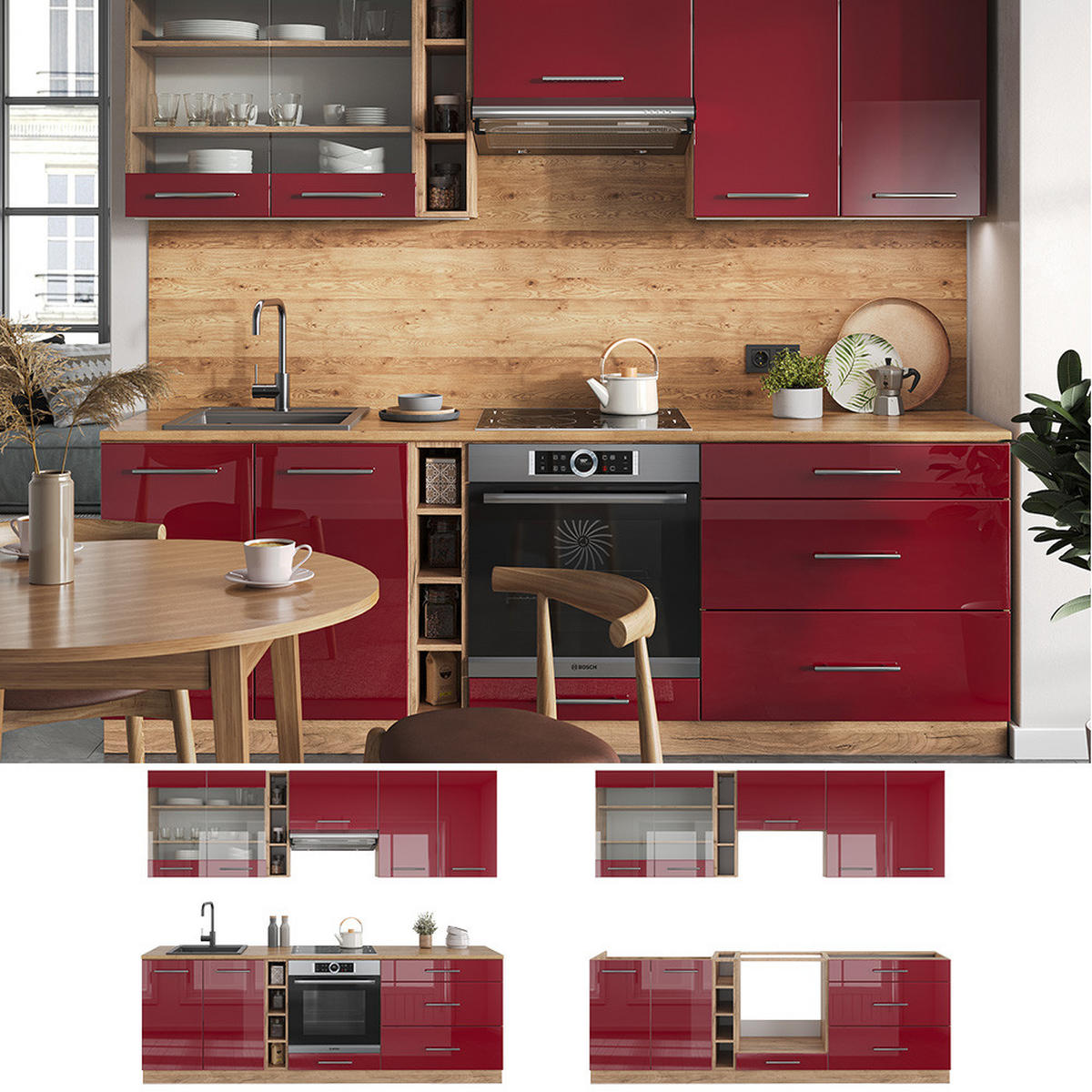 KÜCHENZEILE Fame-Line Bordeaux Hochglanz/Goldkraft Eiche 235 cm AP Anthrazit - Bordeaux/Eiche Wotan, Holzwerkstoff (235/81.6/60cm) - Vicco