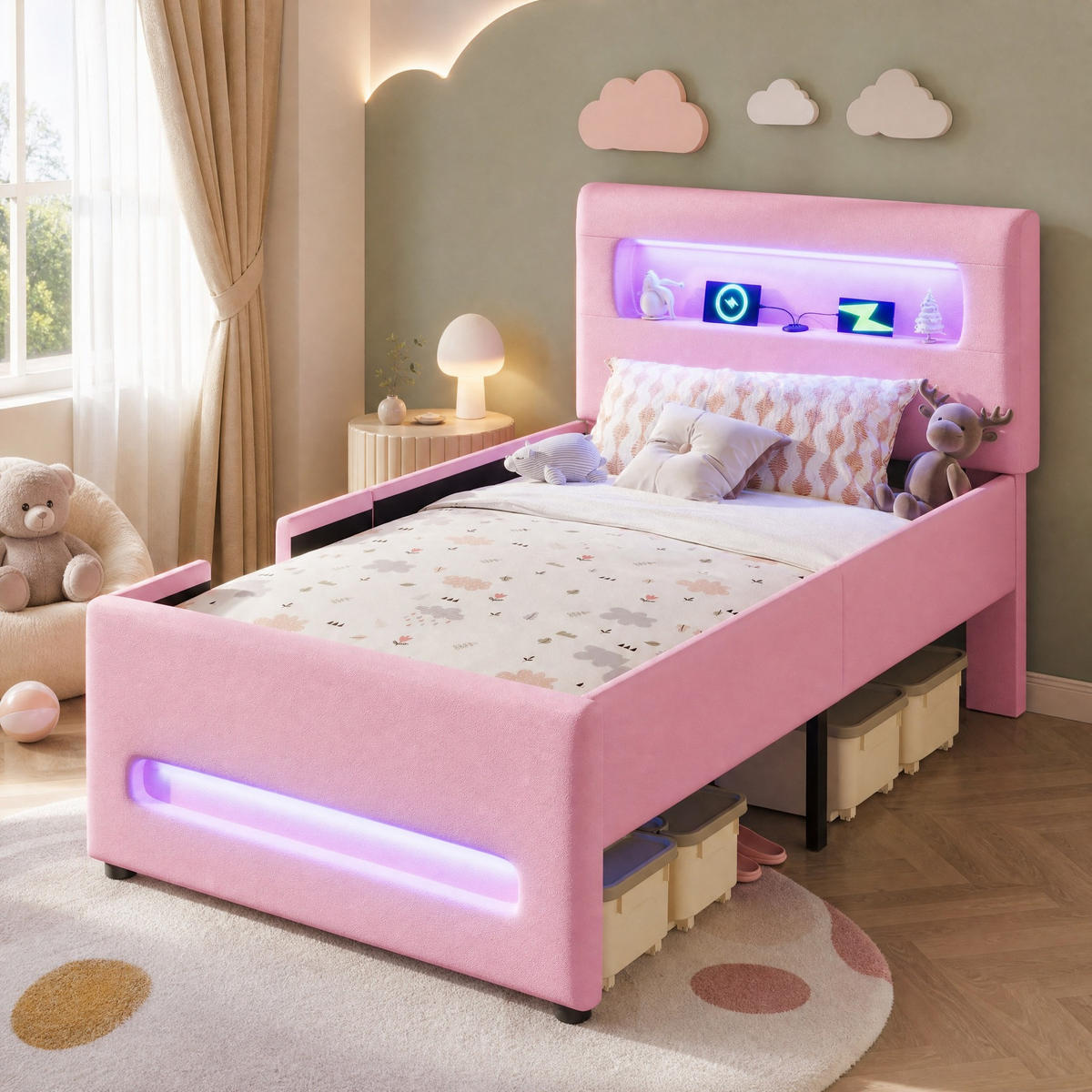 POLSTERBETT 90/200 mit Schublade, LED-Lichtleisten und USB in Rosa - Rosa, Holzwerkstoff/Textil (90/200cm) - EVRYAE